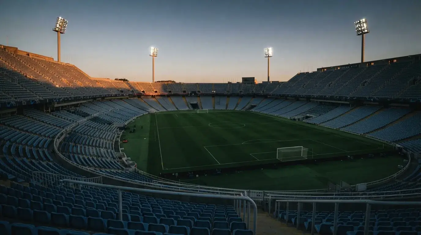 An empty football stadium with floodlight masts at dusk