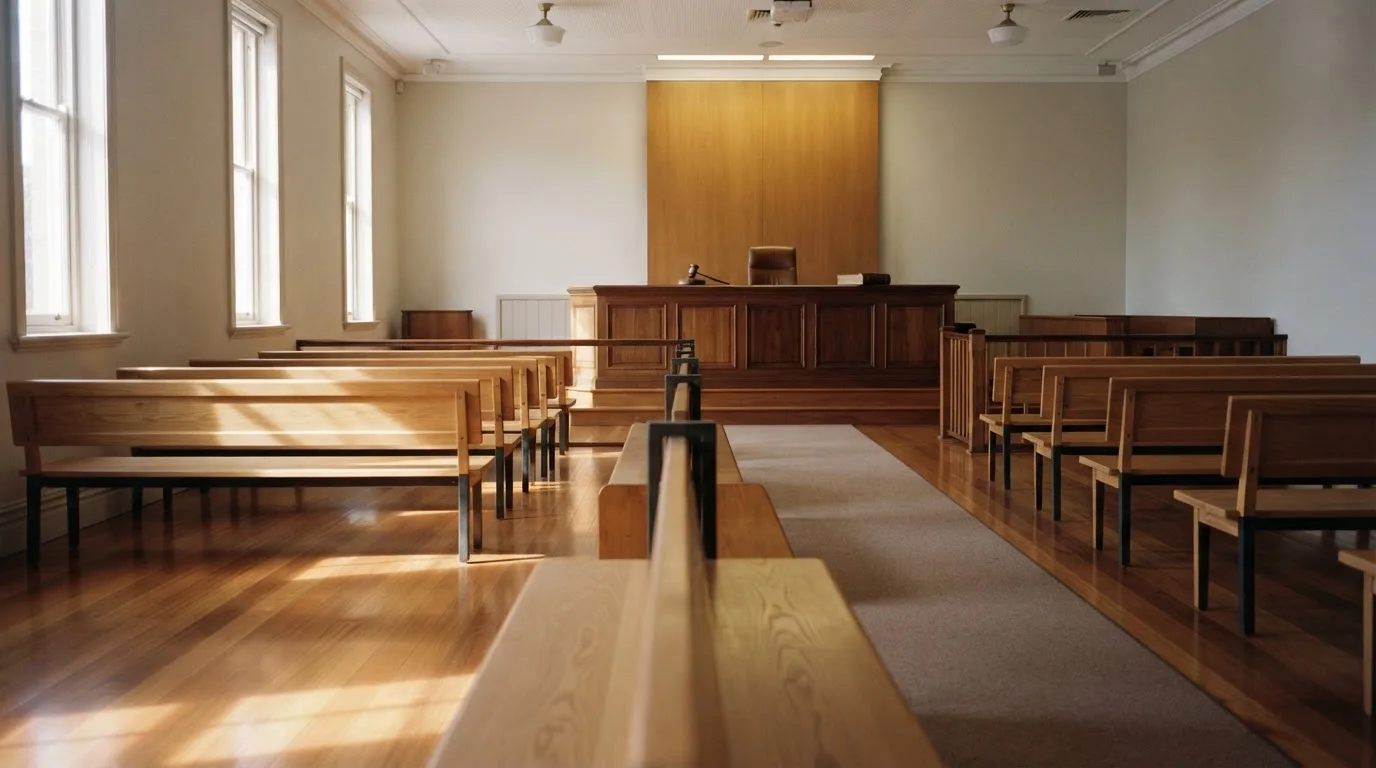 An empty courtroom with wooden benches in morning light