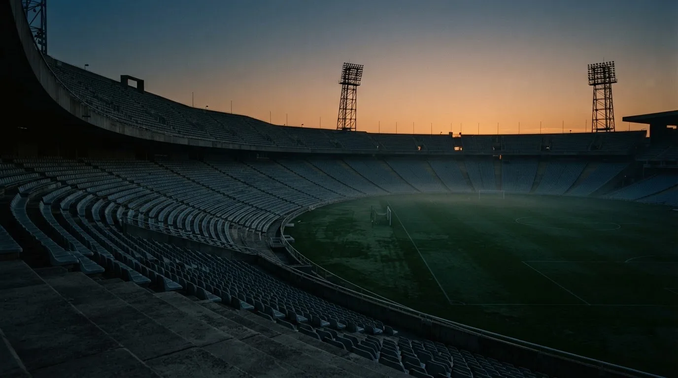 An empty football stadium with floodlight masts at dusk