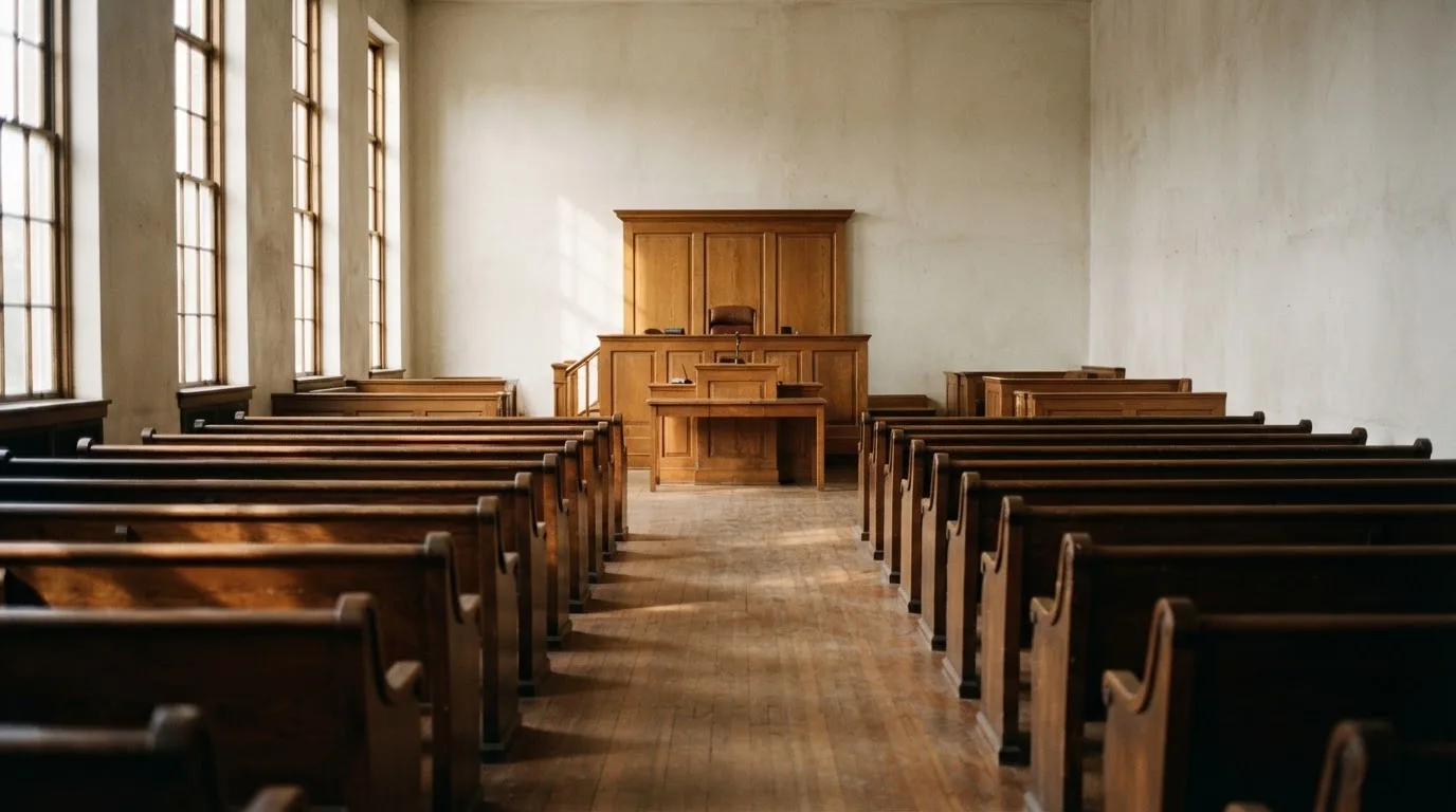 An empty courtroom with wooden benches in morning light