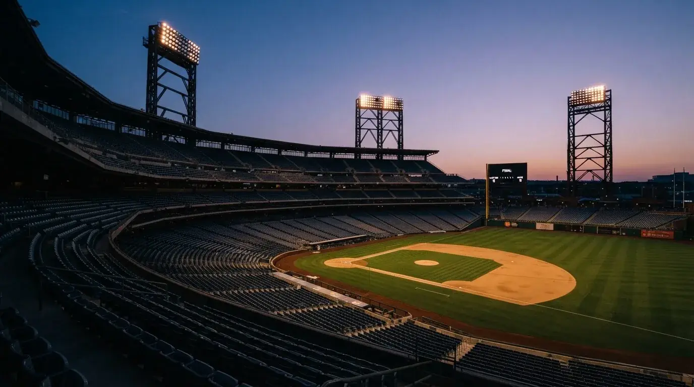 An empty football stadium with floodlight masts at dusk