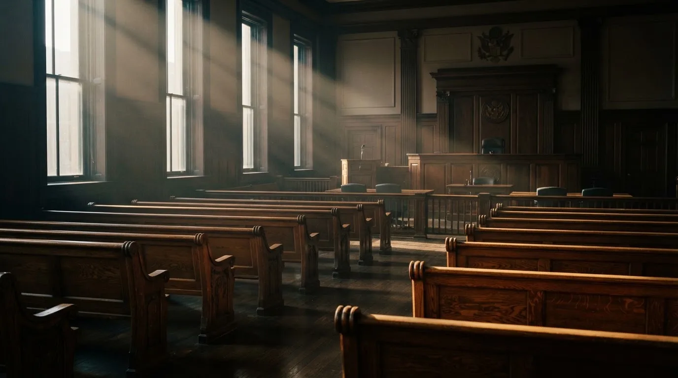 An empty courtroom with wooden benches in morning light