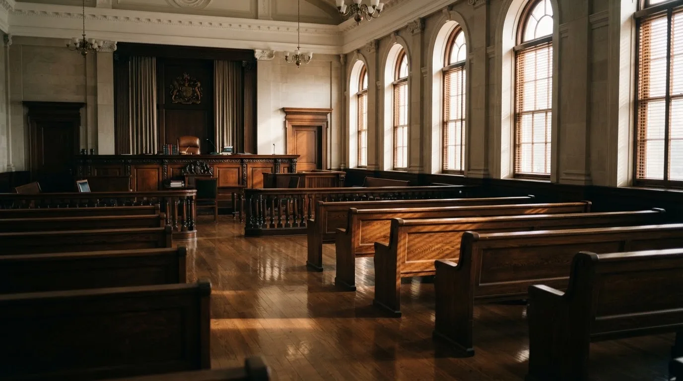 An empty courtroom with wooden benches in morning light