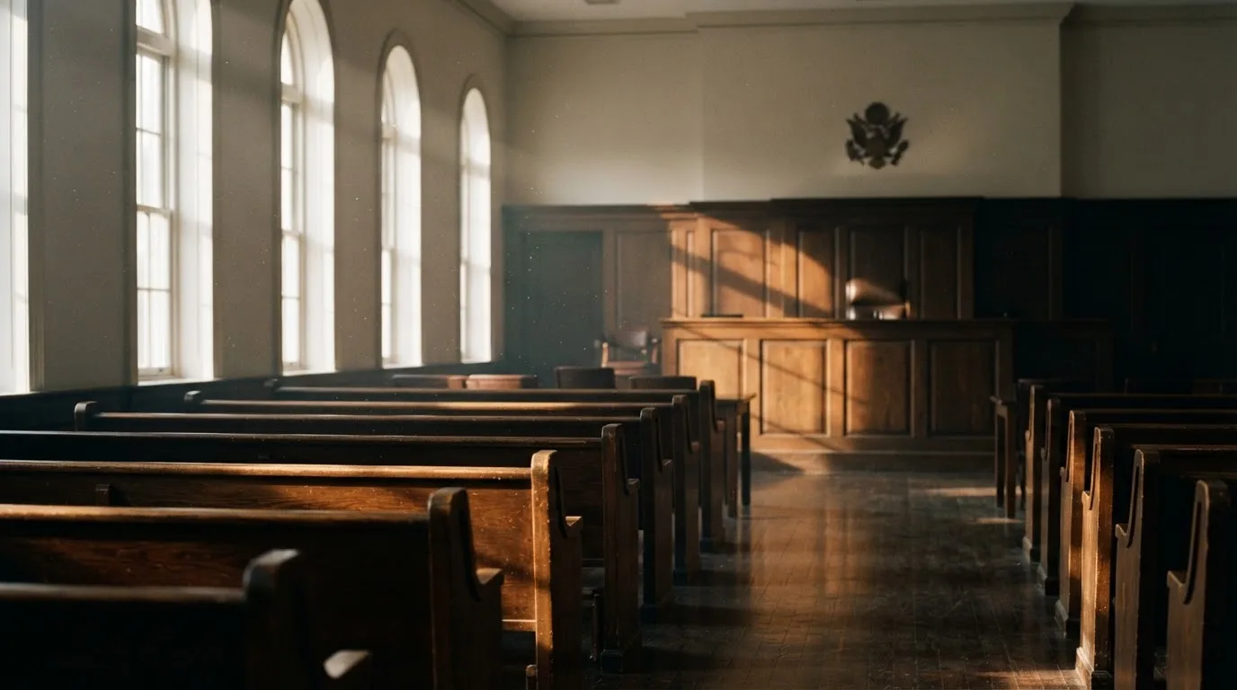 An empty courtroom with wooden benches in morning light