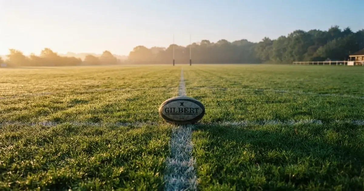 A ball on the centre spot of a grass pitch in morning light