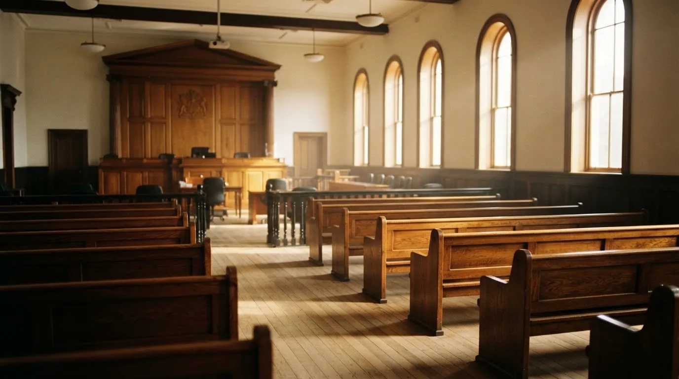 An empty courtroom with wooden benches in morning light