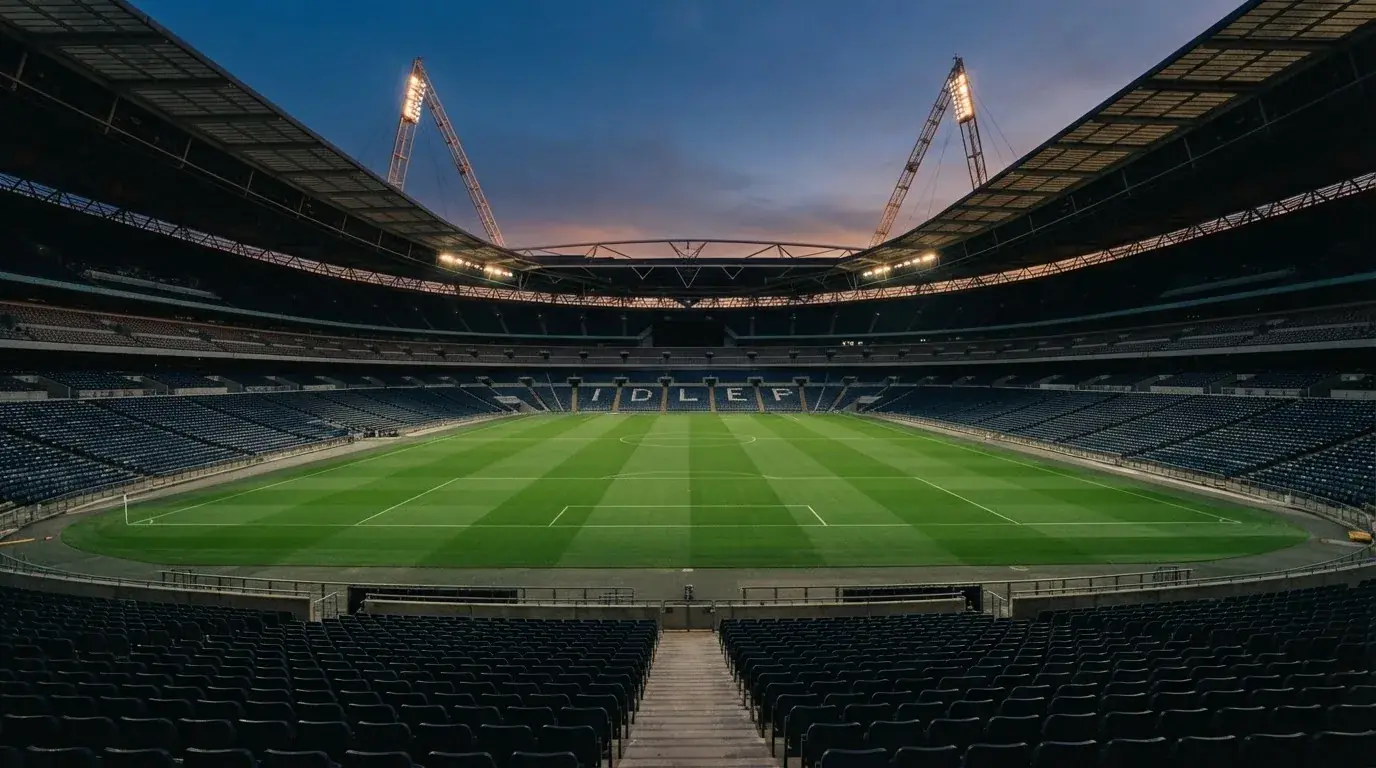 An empty football stadium with floodlight masts at dusk