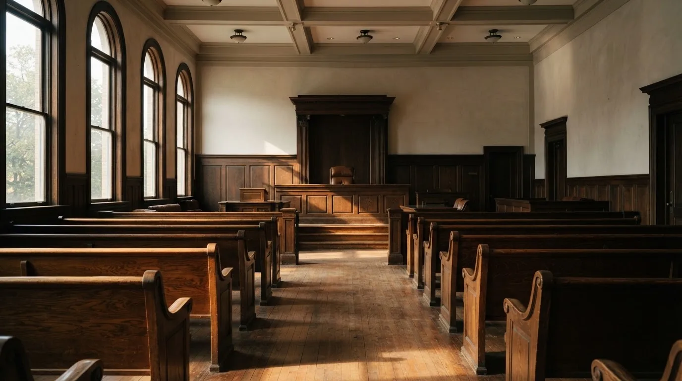 An empty courtroom with wooden benches in morning light