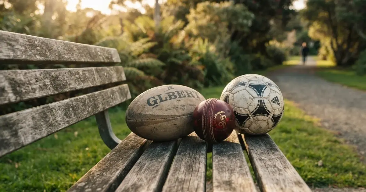 Three balls of different kinds side by side on a wooden bench