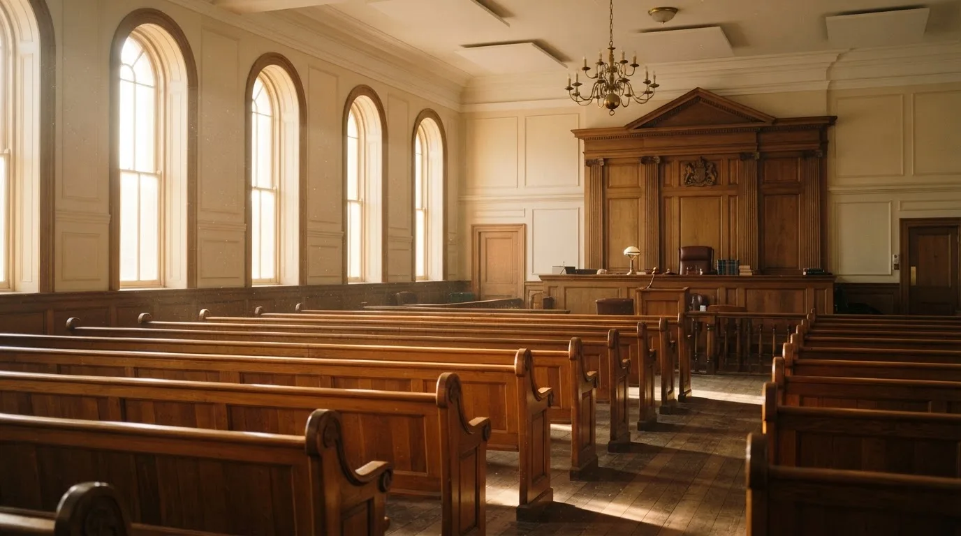 An empty courtroom with wooden benches in morning light