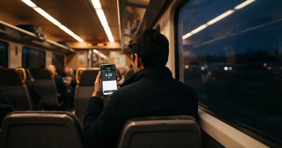 A hand holding a smartphone on a train in the evening, screen turned away