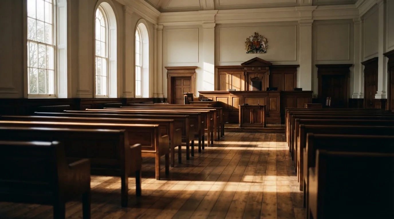 An empty courtroom with wooden benches in morning light
