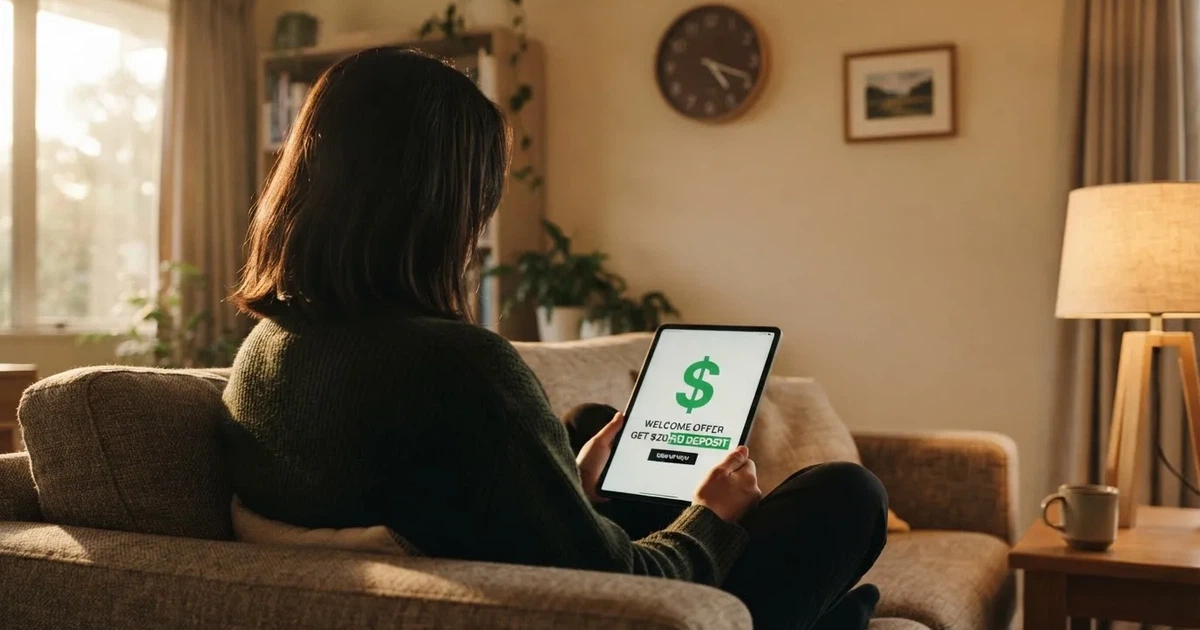 A person on a sofa looking thoughtfully at a tablet, a wall clock in the background