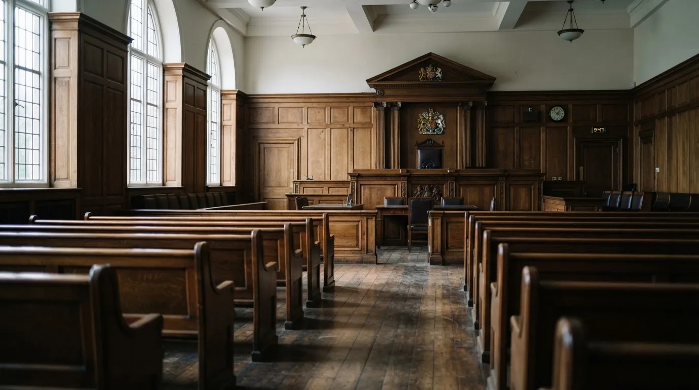 An empty courtroom with wooden benches in morning light