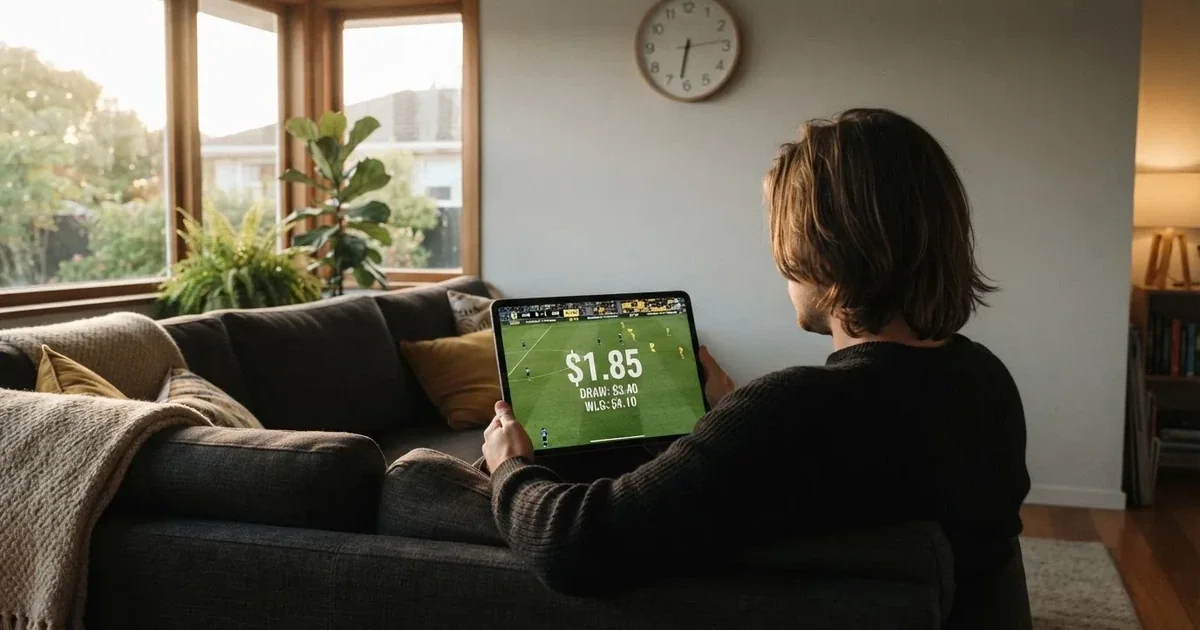 A person on a sofa looking thoughtfully at a tablet, a wall clock in the background