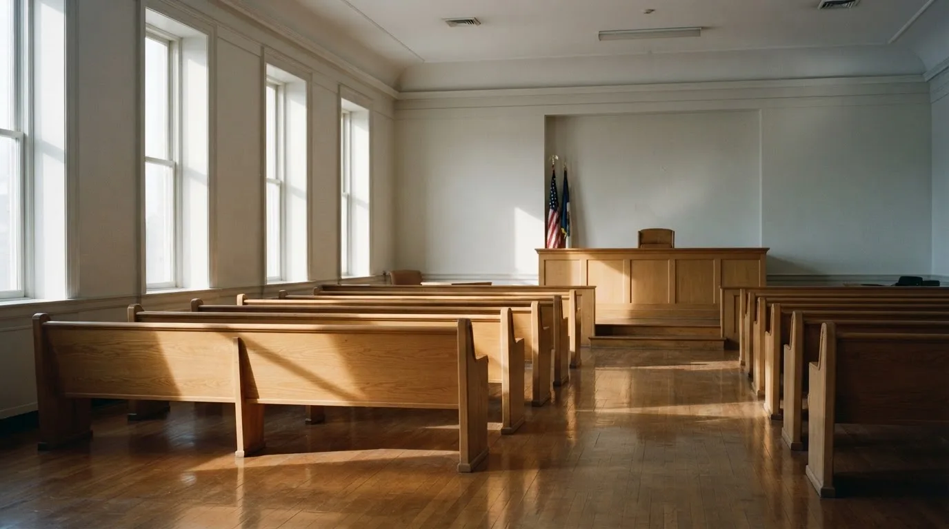 An empty courtroom with wooden benches in morning light