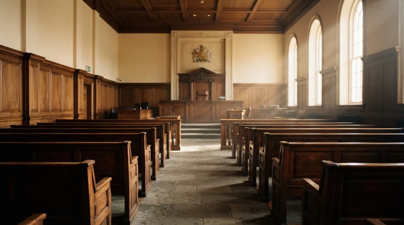 An empty courtroom with wooden benches in morning light