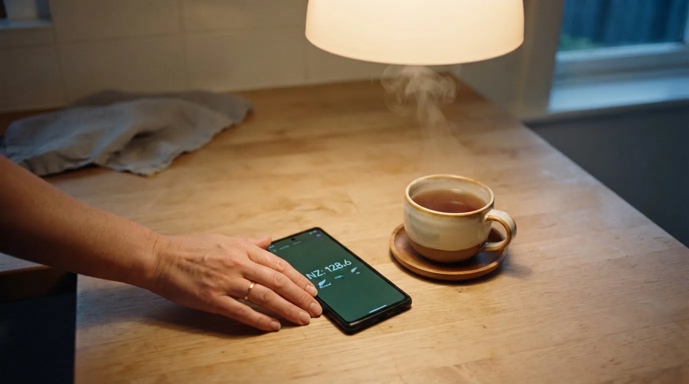 A hand setting a smartphone down beside a cup of tea on a kitchen table on a quiet evening