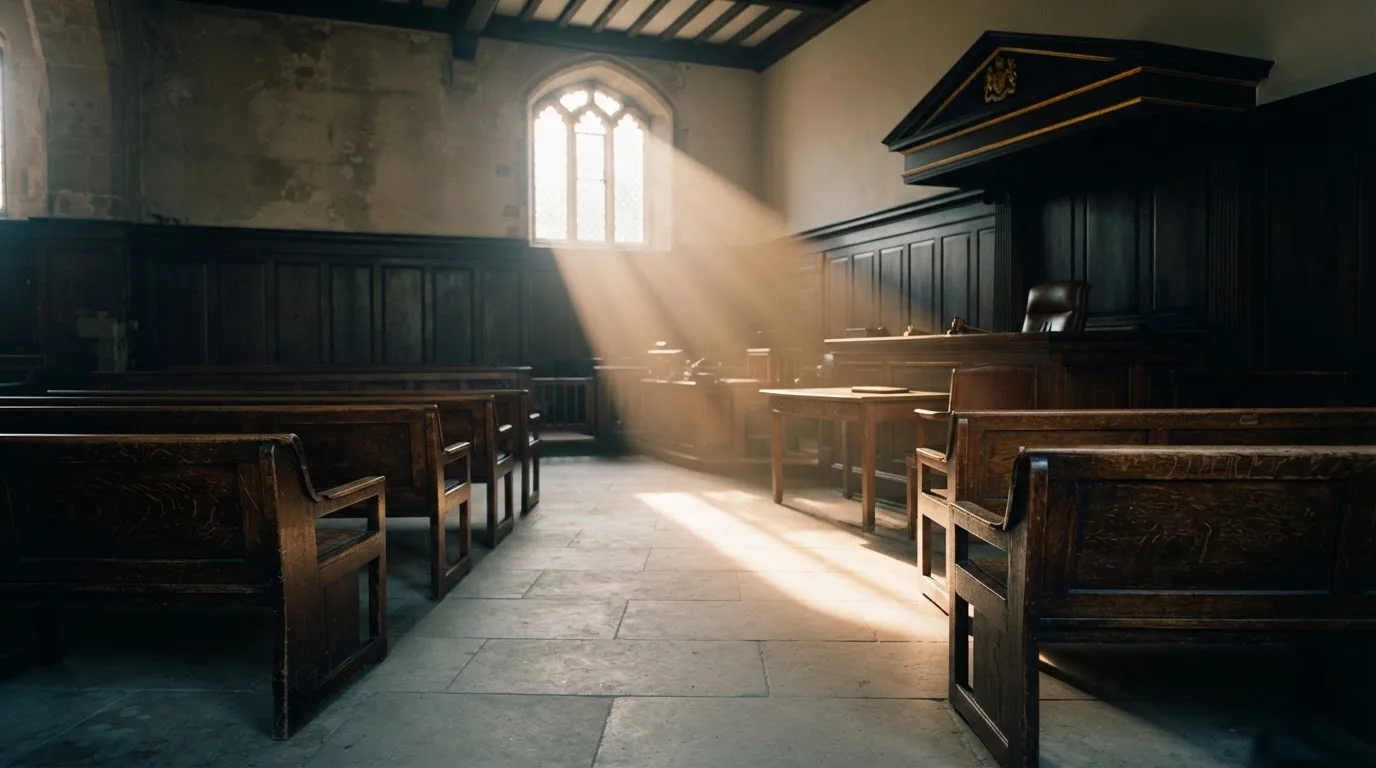An empty courtroom with wooden benches in morning light