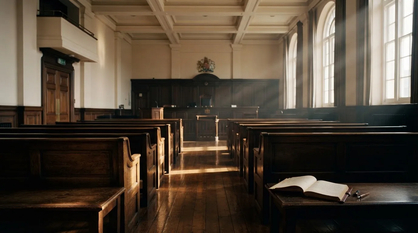 An empty courtroom with wooden benches in morning light