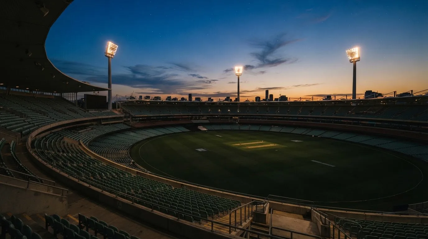 An empty football stadium with floodlight masts at dusk