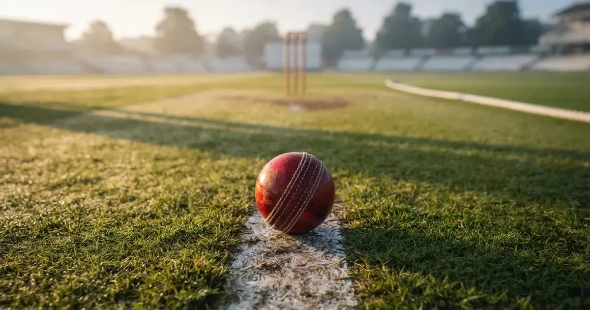 A ball on the centre spot of a grass pitch in morning light