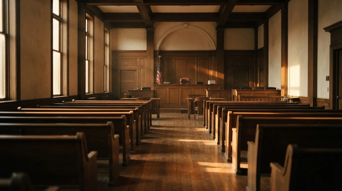 An empty courtroom with wooden benches in morning light