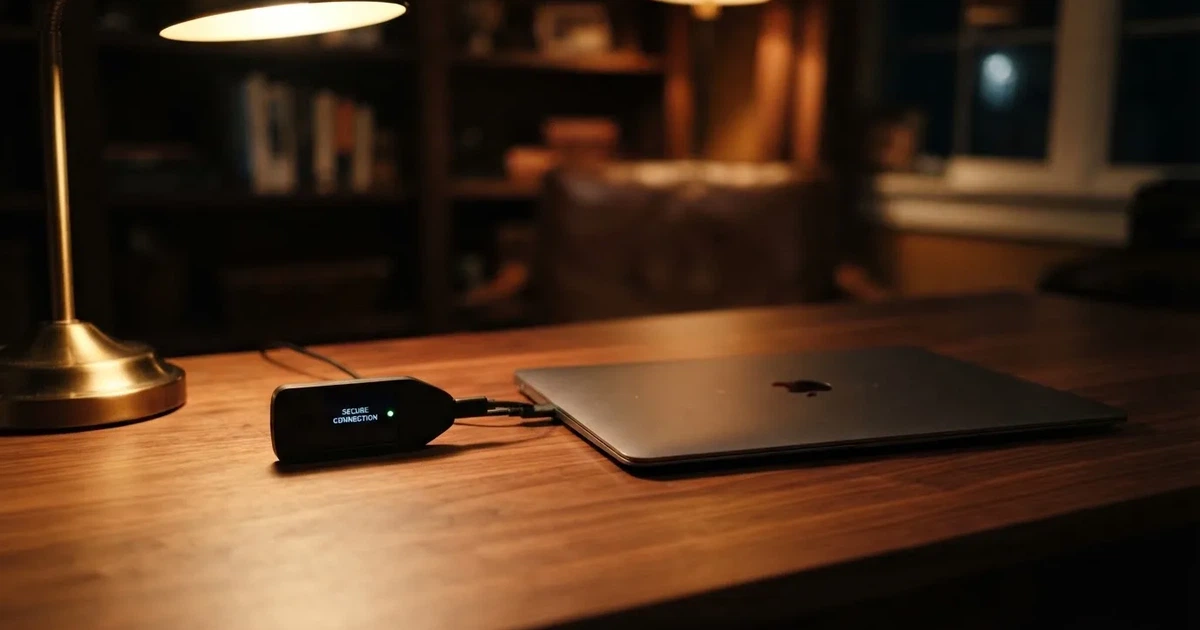 A hardware wallet and a closed laptop on a desk in dim light