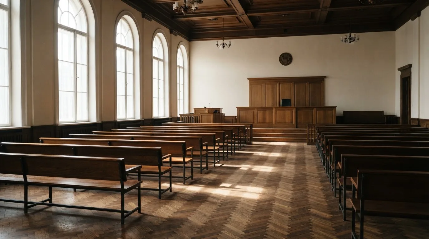An empty courtroom with wooden benches in morning light