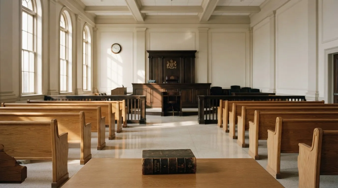 An empty courtroom with wooden benches in morning light
