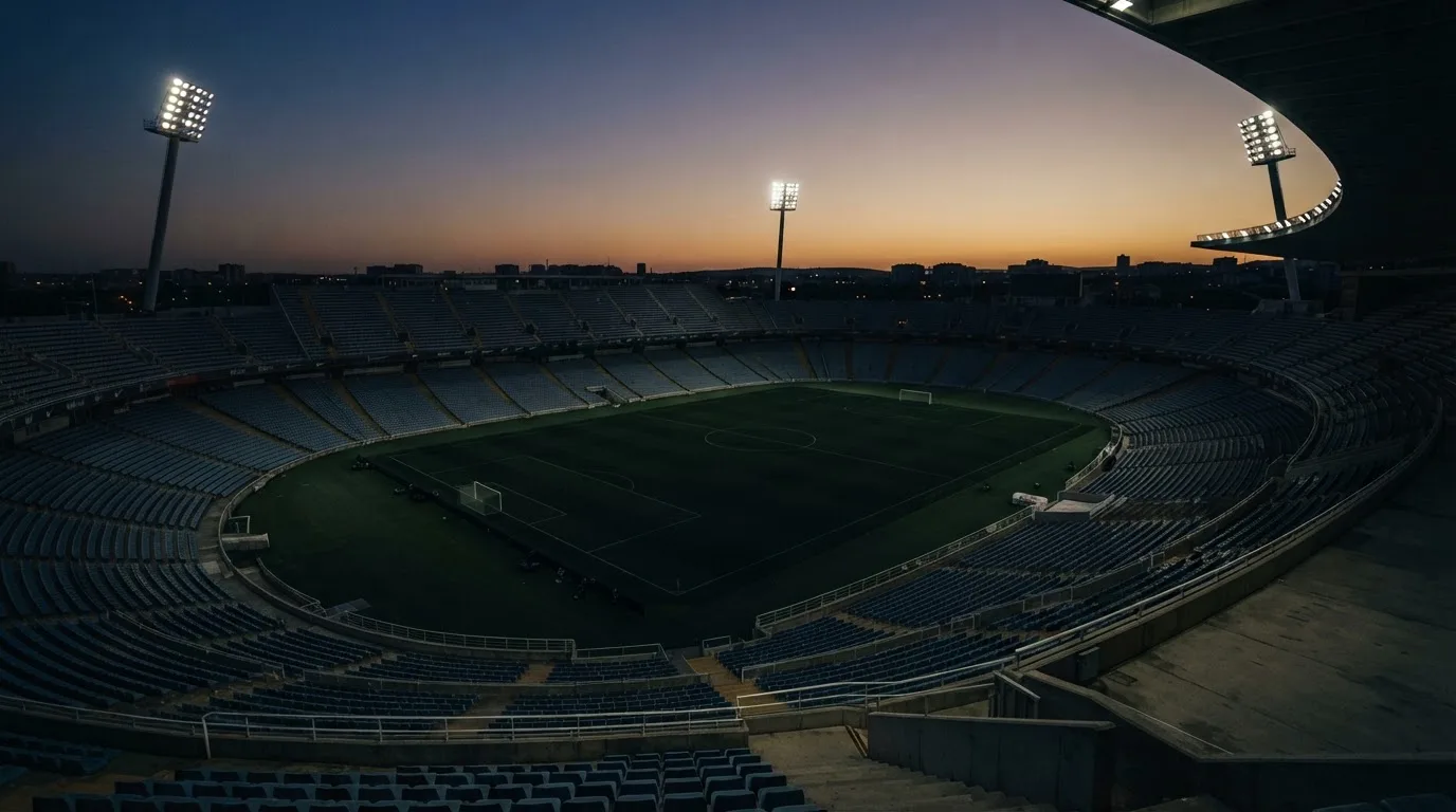 An empty football stadium with floodlight masts at dusk