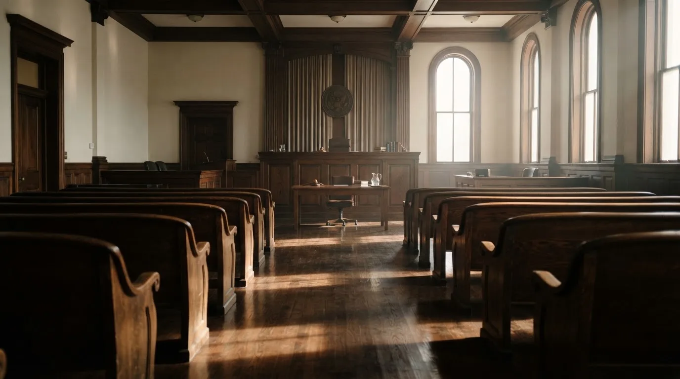 An empty courtroom with wooden benches in morning light