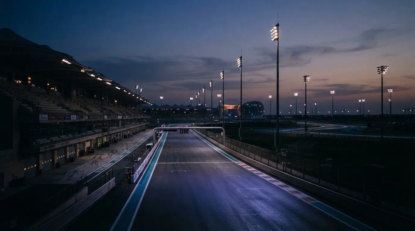 An empty football stadium with floodlight masts at dusk