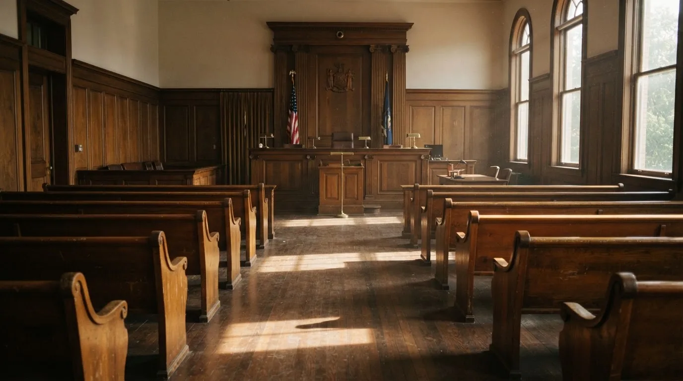 An empty courtroom with wooden benches in morning light