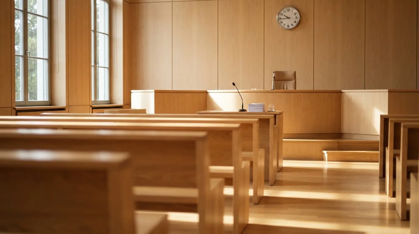 An empty courtroom with wooden benches in morning light