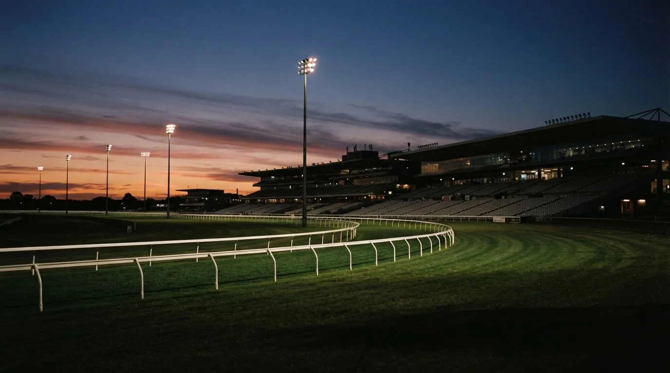 An empty football stadium with floodlight masts at dusk