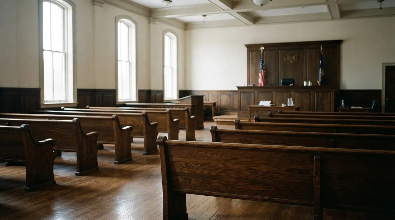 An empty courtroom with wooden benches in morning light