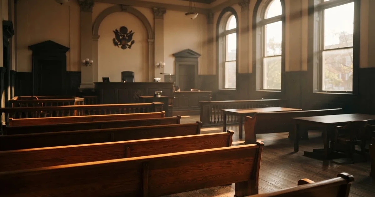 An empty courtroom with wooden benches in morning light