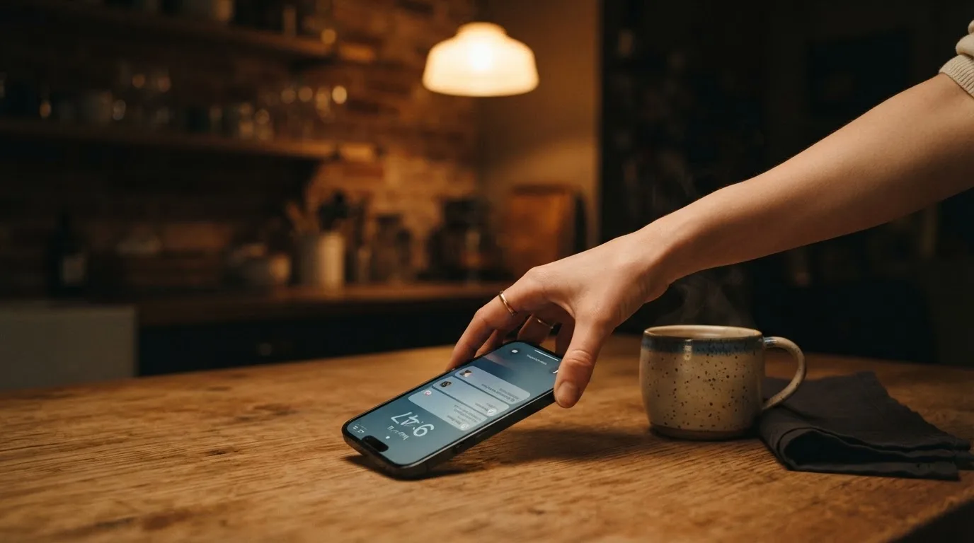 A hand setting a smartphone down beside a cup of tea on a kitchen table on a quiet evening