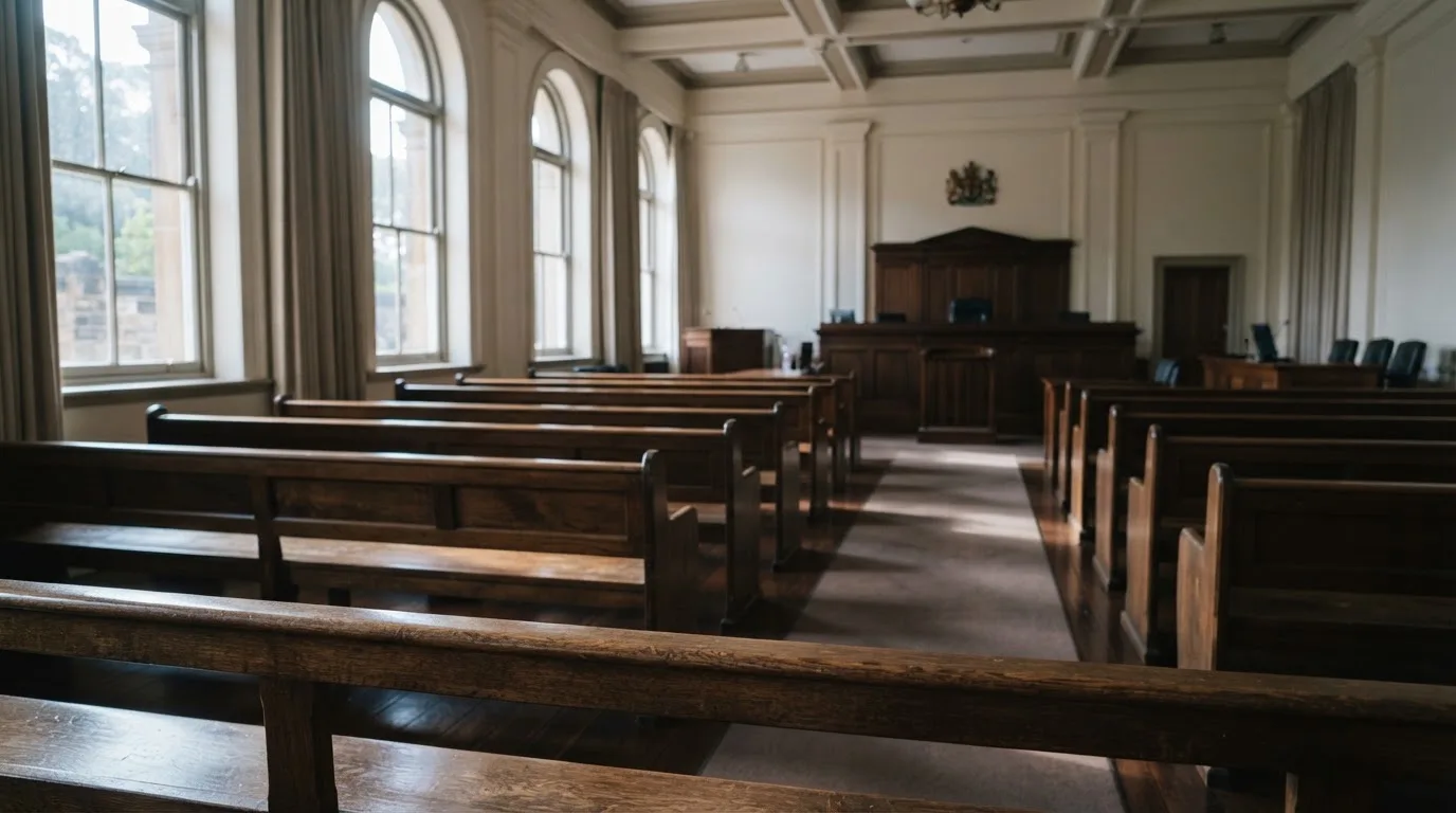 An empty courtroom with wooden benches in morning light
