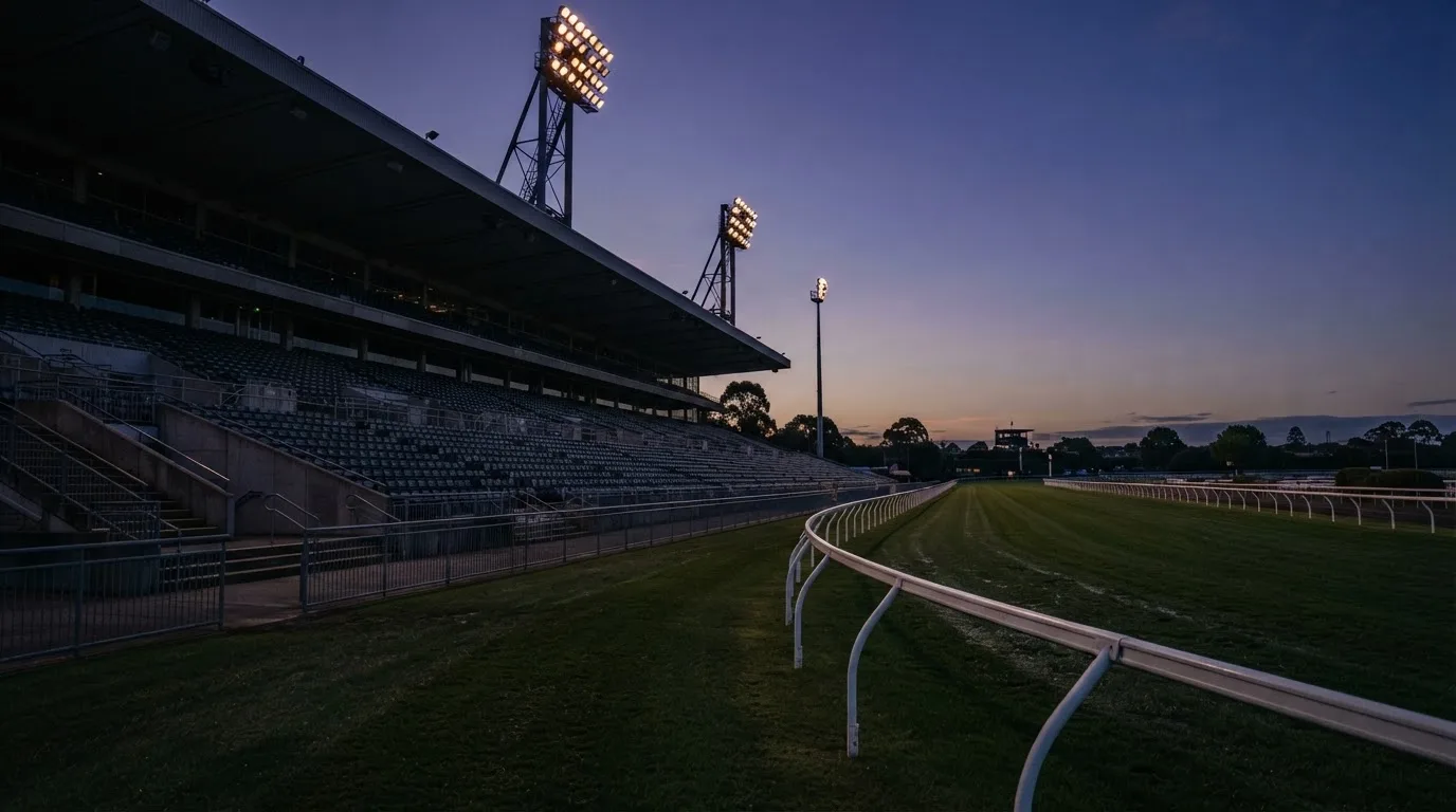 An empty football stadium with floodlight masts at dusk