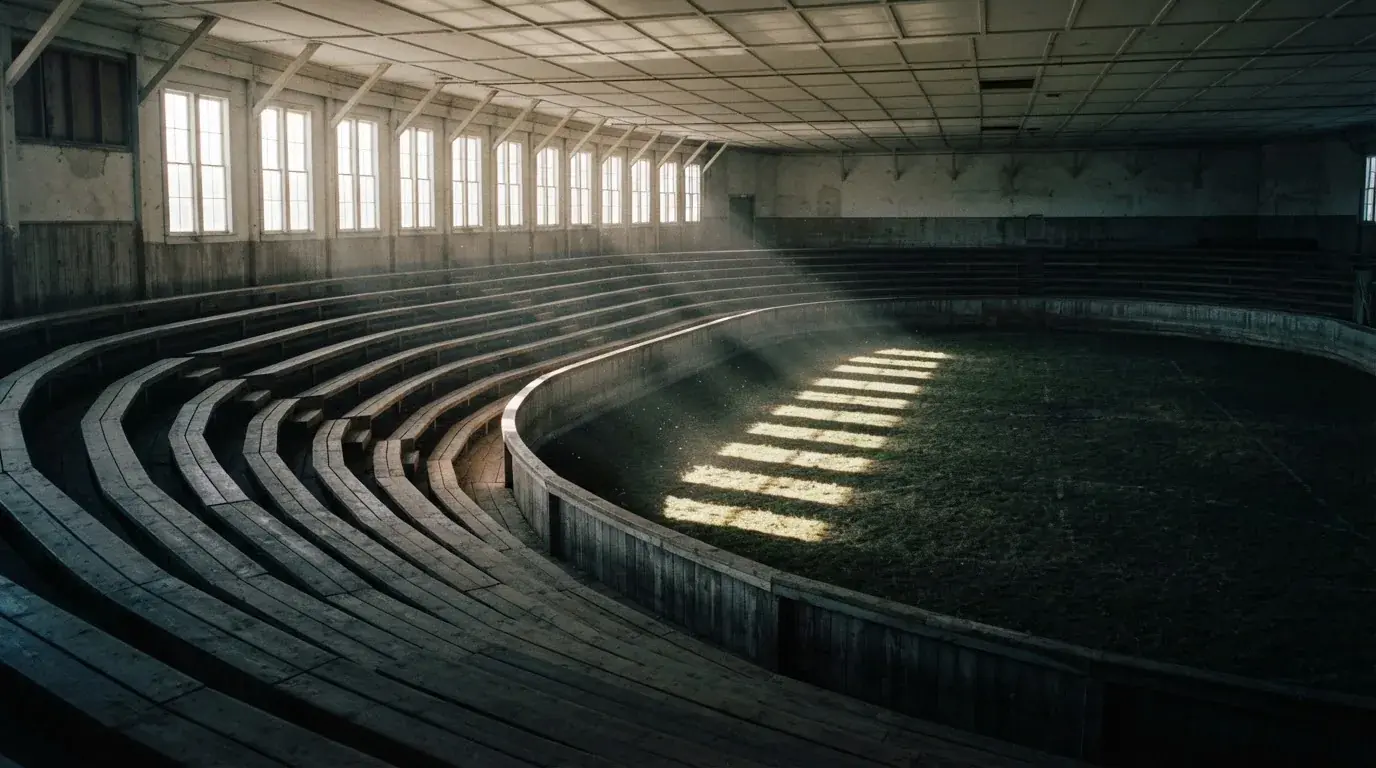An empty courtroom with wooden benches in morning light