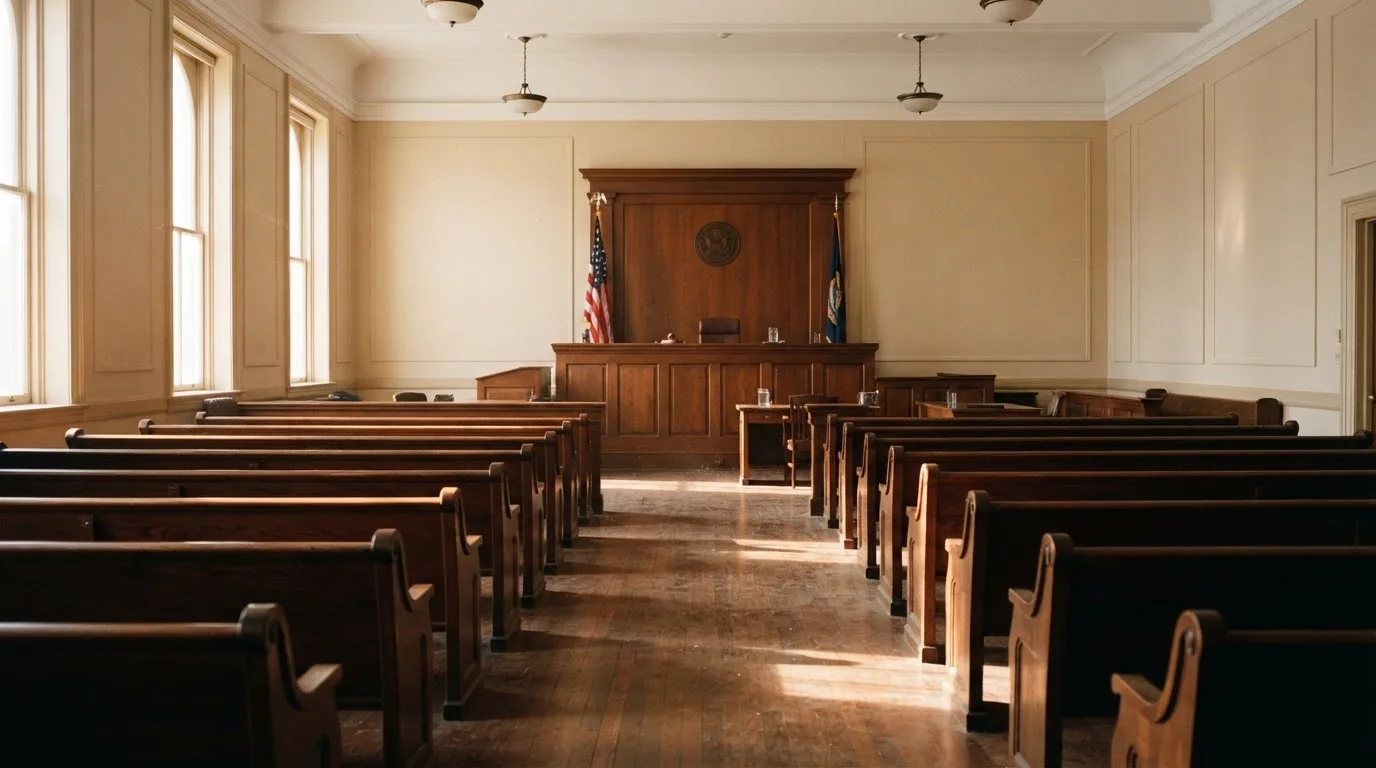 An empty courtroom with wooden benches in morning light
