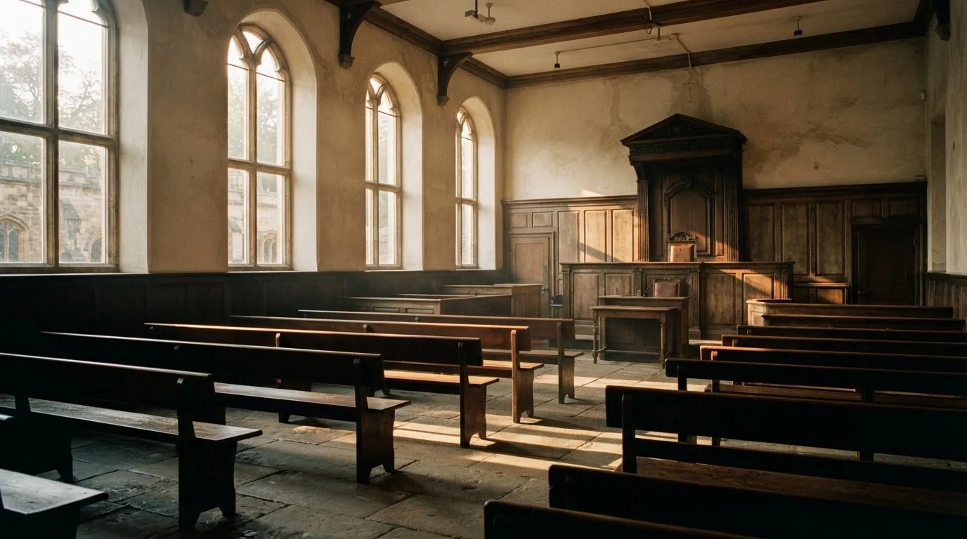 An empty courtroom with wooden benches in morning light