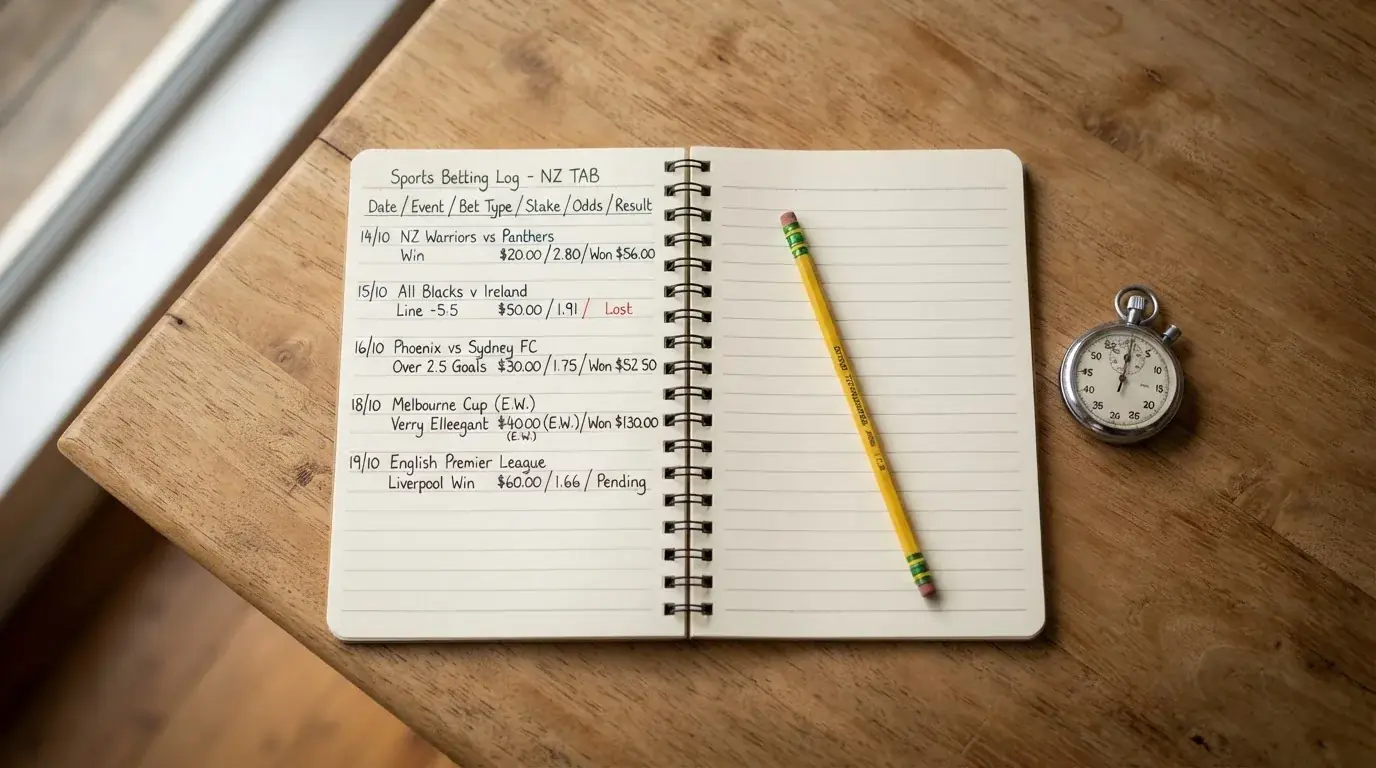 An open notebook with a pencil and a stopwatch on a wooden table