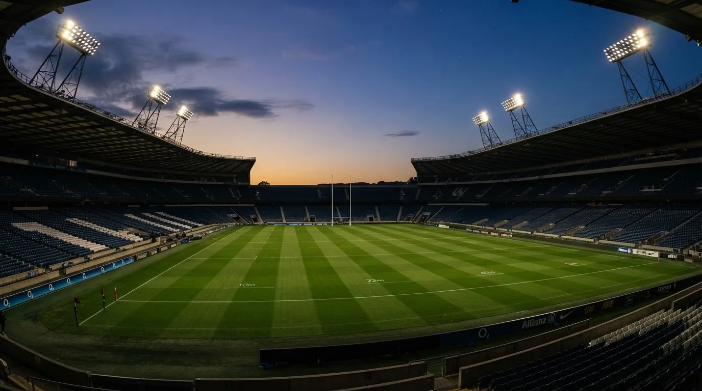 An empty football stadium with floodlight masts at dusk
