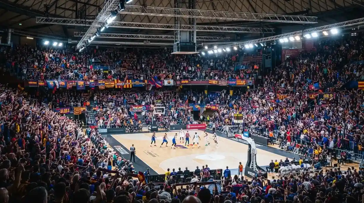 A packed sports hall under floodlights photographed from a long way off