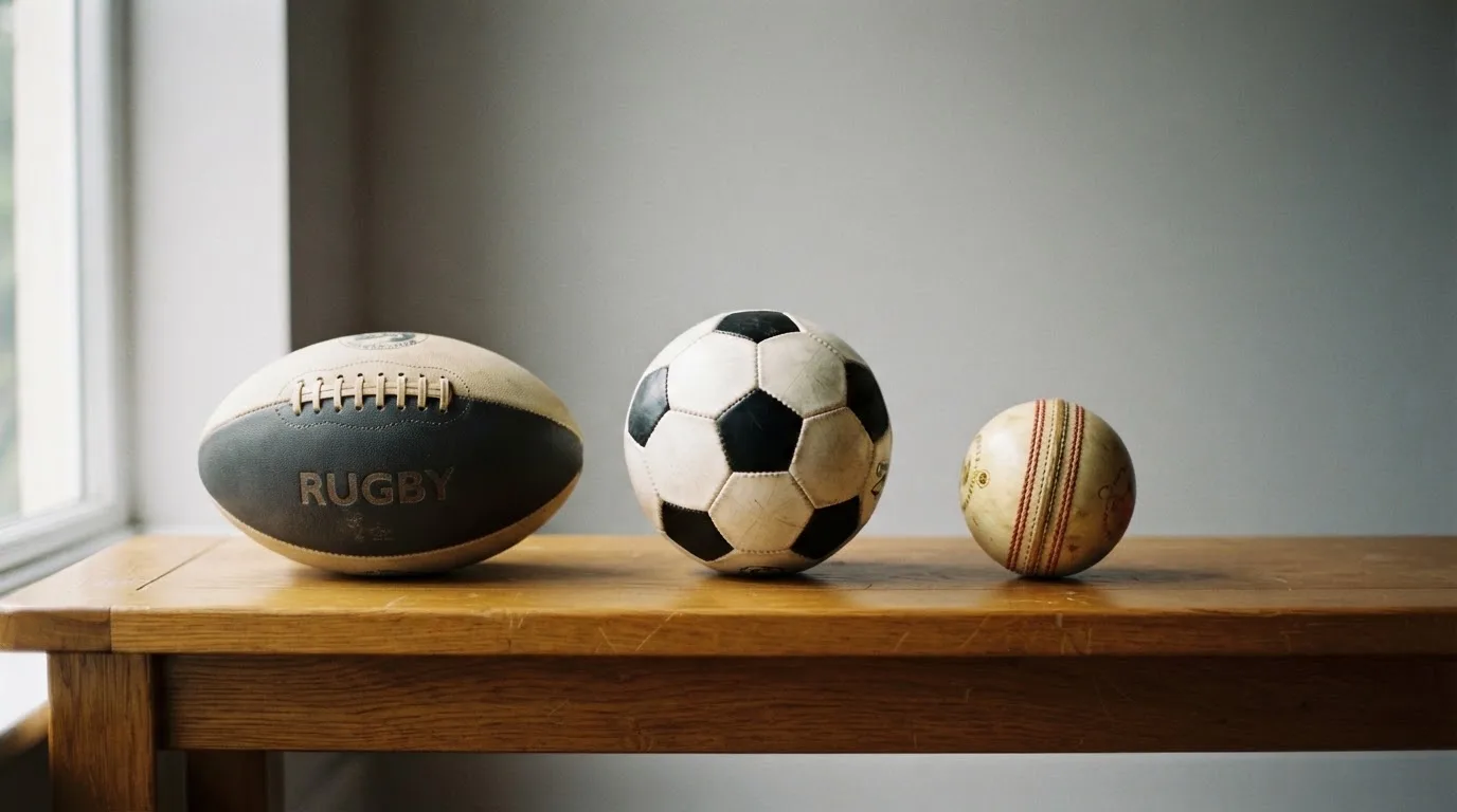 Three balls of different kinds side by side on a wooden bench