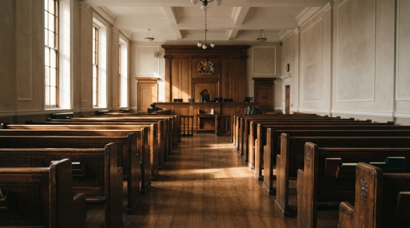 An empty courtroom with wooden benches in morning light