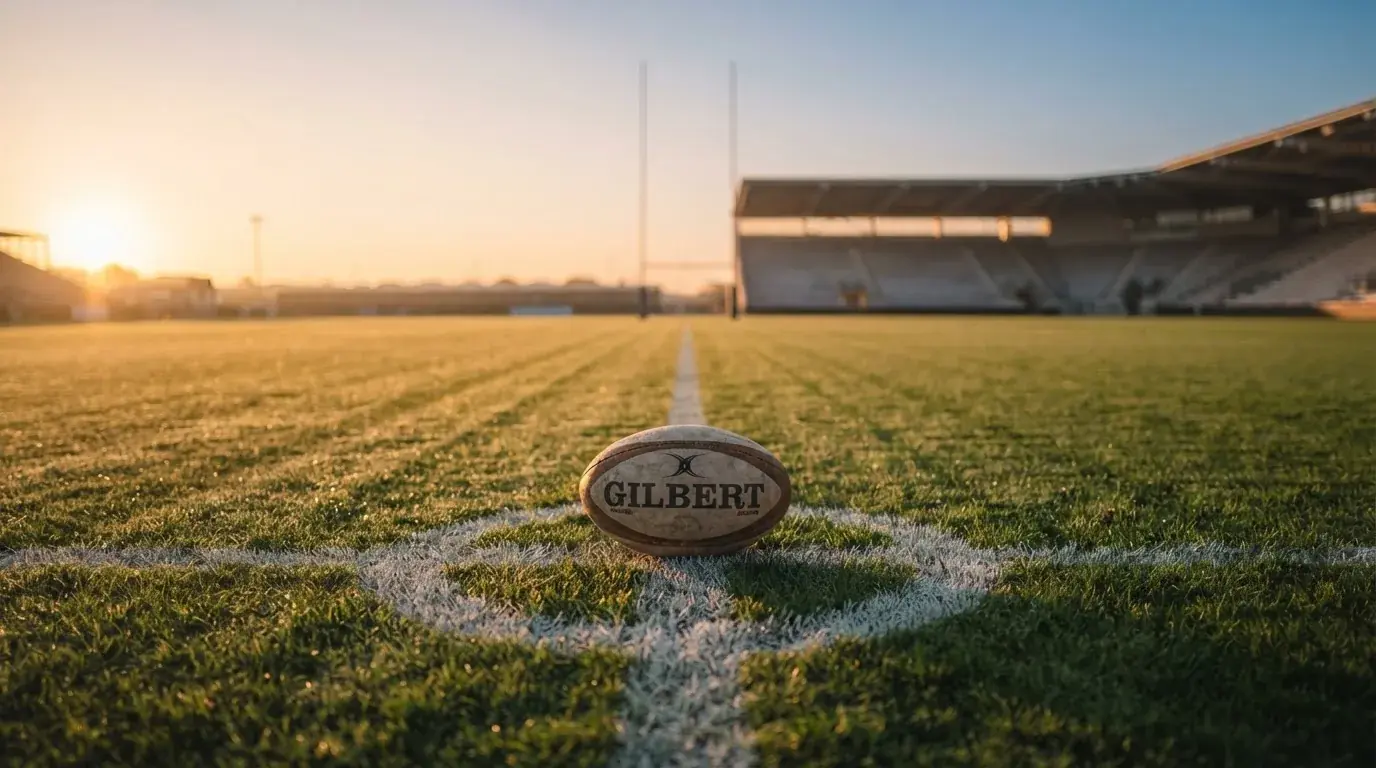 A ball on the centre spot of a grass pitch in morning light